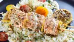 A great omega 3 rich recipe for salmon kebabs served with a tahini dressing - a  healthy and safe dish safe to the endo diet